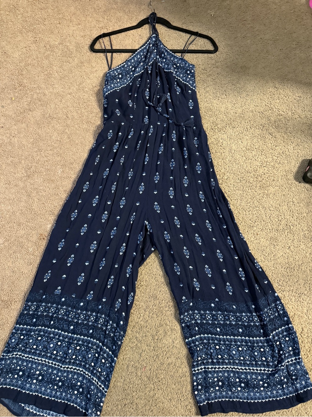 Aeropostale Navy Printed Halter Wide-Leg Jumpsuit